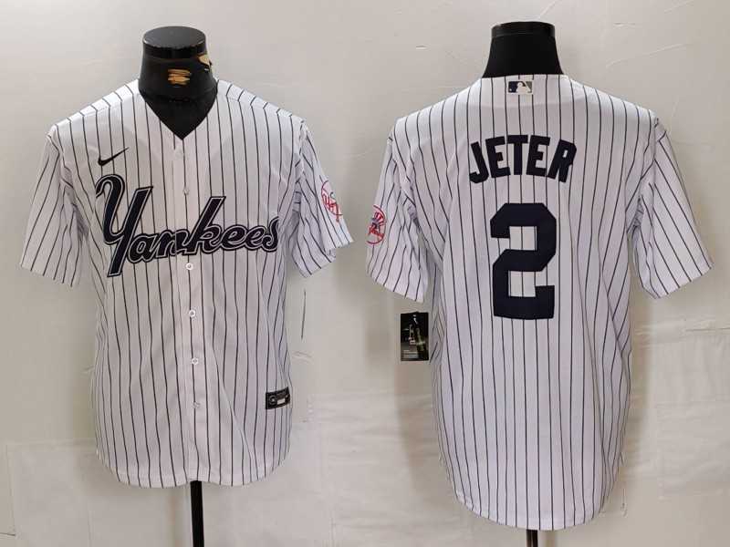 Mens New York Yankees #2 Derek Jeter White Pinstripe Fashion Cool Base Jersey